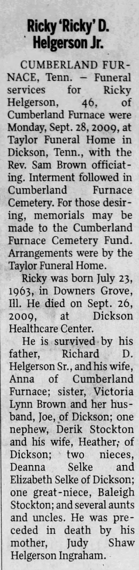 Obituary for Ricky D. Helgerson, 1963-2009 (Aged 46)